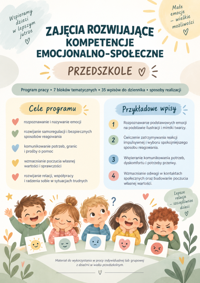 Zajęcia rozwijające kompetencje emocjonalno-społeczne – przedszkole- Tematy i realizacja.