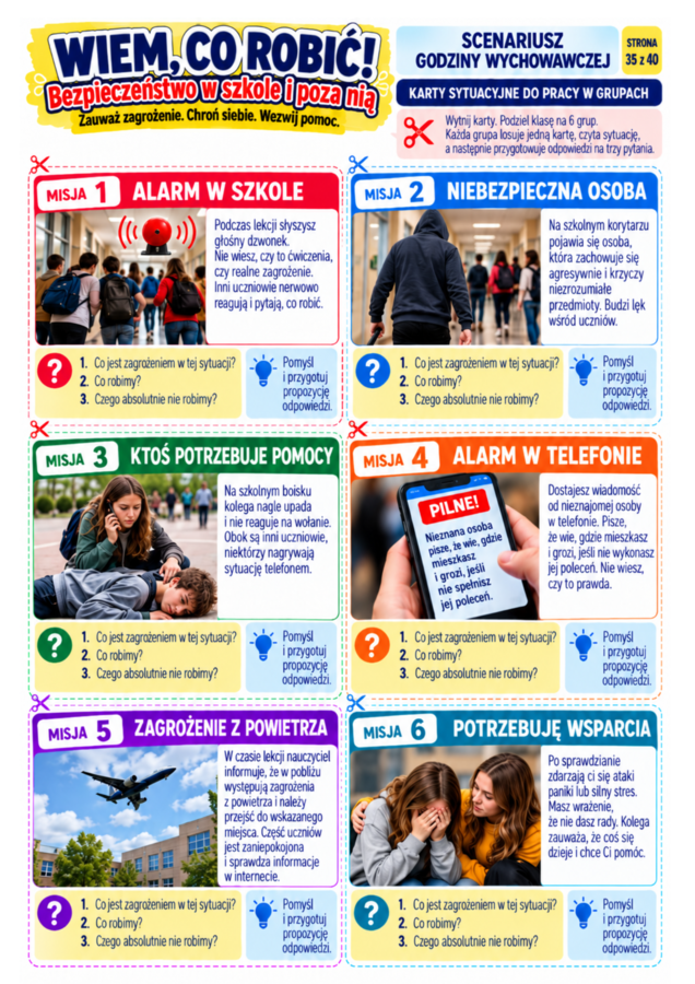 WIEM, CO ROBIĆ! – Bezpieczeństwo w szkole i poza nią | Gazetka XXL + scenariusz godziny wychowawczej | 40 stron