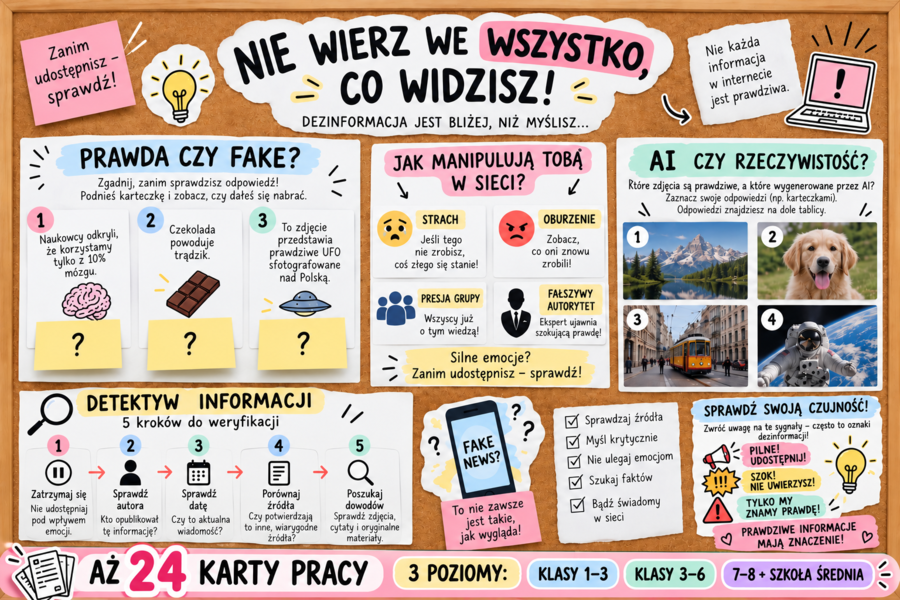 Nie wierz we wszystko, co widzisz! – Fake news, AI i dezinformacja  Gazetka + 24 karty pracy Klasy 1–8 i szkoła średnia