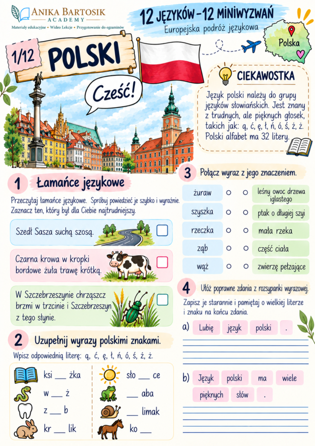 12 języków – 12 miniwyzwań 🌍 | Europejski Dzień Języków | Karty pracy