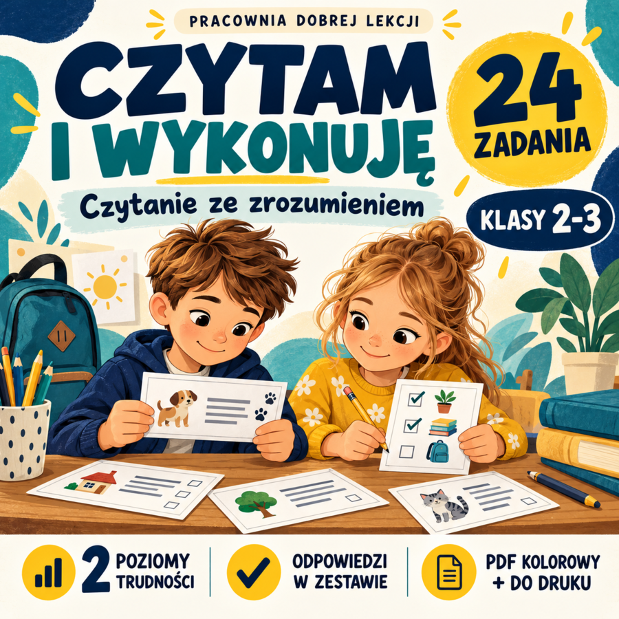 Czytanie ze zrozumieniem, klasy 2-3 | Czytam i wykonuję | 24 karty pracy PDF
