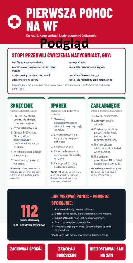 Infografiki zasady gier zespołowych, fair play, pierwsza pomoc, rozciąganie po wysiłku, regulamin WF