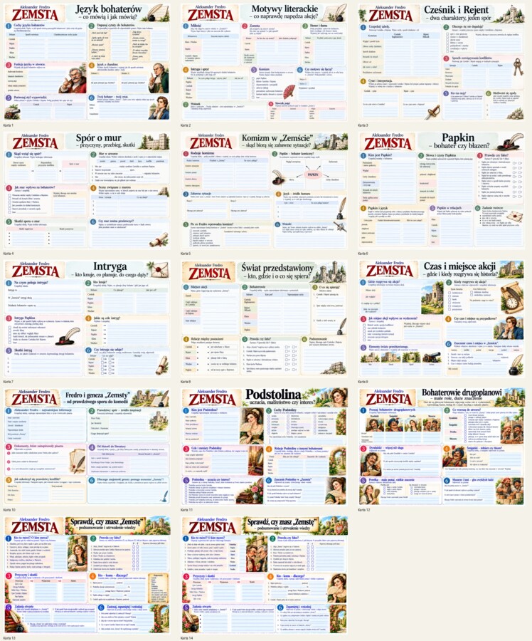 „Zemsta” Aleksandra Fredry – 14 kolorowych kart pracy | lektura | powtórzenie | PDF