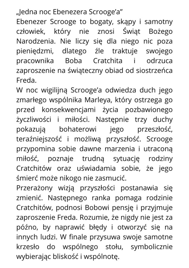 Scenariusz przedstawienia na motywach książki "Opowieść wigilijna"