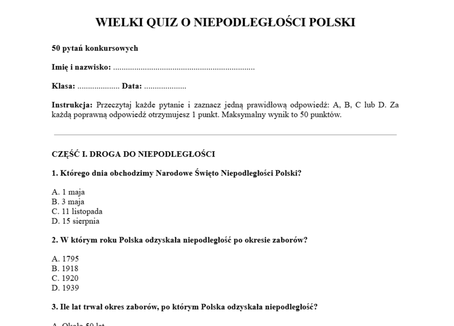 Wielki quiz o Niepodległości Polski
