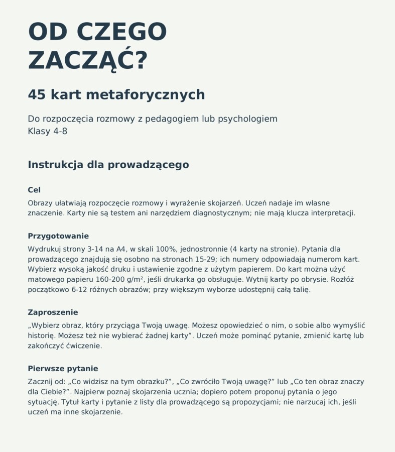 Od czego zacząć?  Karty metaforyczne do rozmów z pedagogiem i psychologiem — klasy 4–8