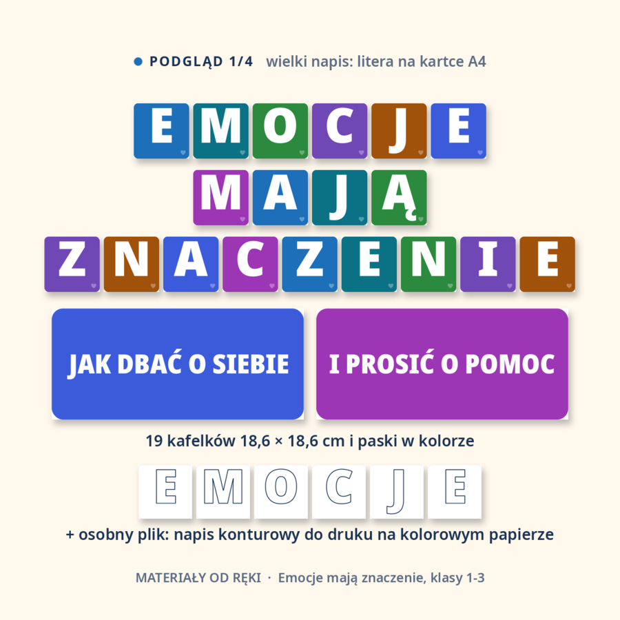Gazetka Emocje mają znaczenie - jak dbać o siebie i prosić o pomoc, klasy 1-3: napis, 9 plansz o emocjach, odpoczynku i szukaniu pomocy, hasła i dekoracje