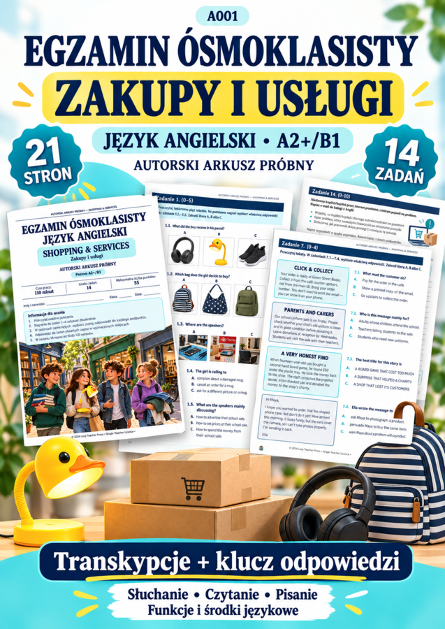 Zakupy i usługi - pełny zestaw E8.| Angielski A2+/B1 | 14 zadań, transkrypcje i klucz