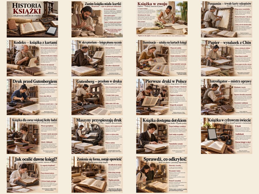 HISTORIA KSIĄŻKI – od glinianej tabliczki do e-booka  Gazetka edukacyjna: 19 plansz A4 w poziomie,