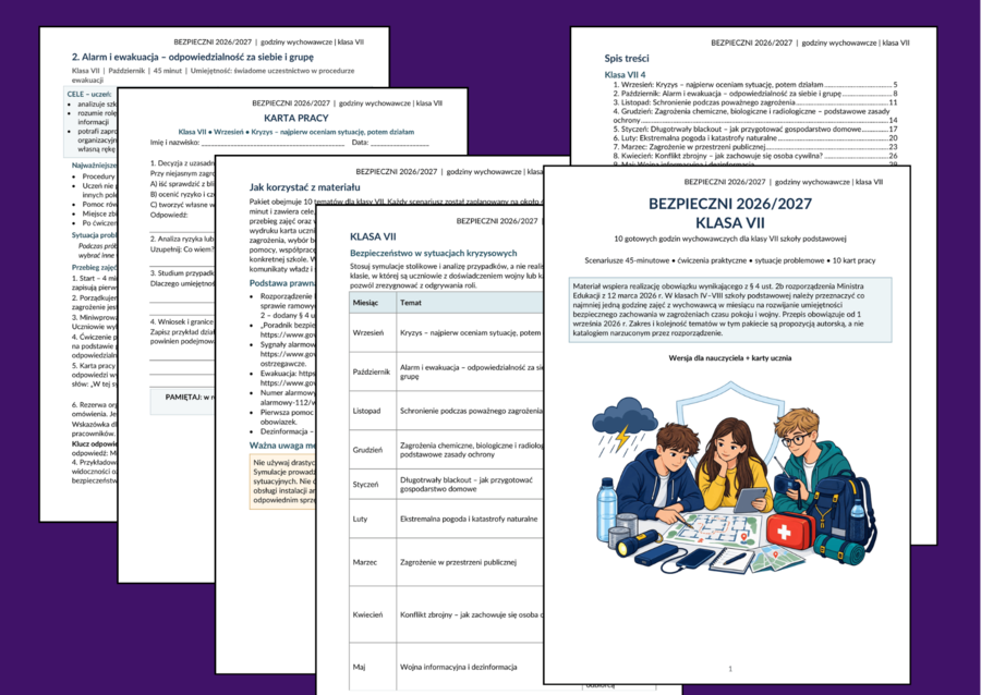 🛡️ BEZPIECZNI 2026/2027 – KLASA VII - 10 gotowych godzin wychowawczych o bezpieczeństwie