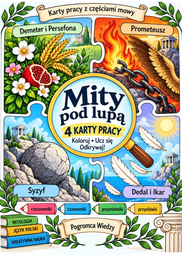 Mity pod lupą – 4 karty pracy • części mowy + klucze odpowiedzi