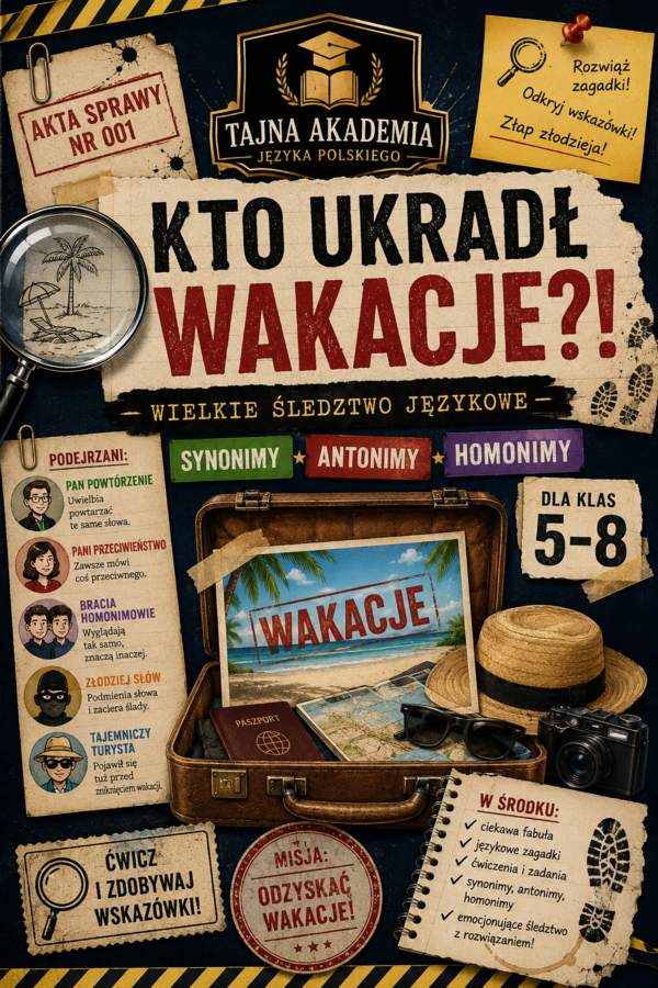 Kto ukradł wakacje?!  Śledztwo językowe – synonimy, antonimy, homonimy | Klasy 5–8 | PDF