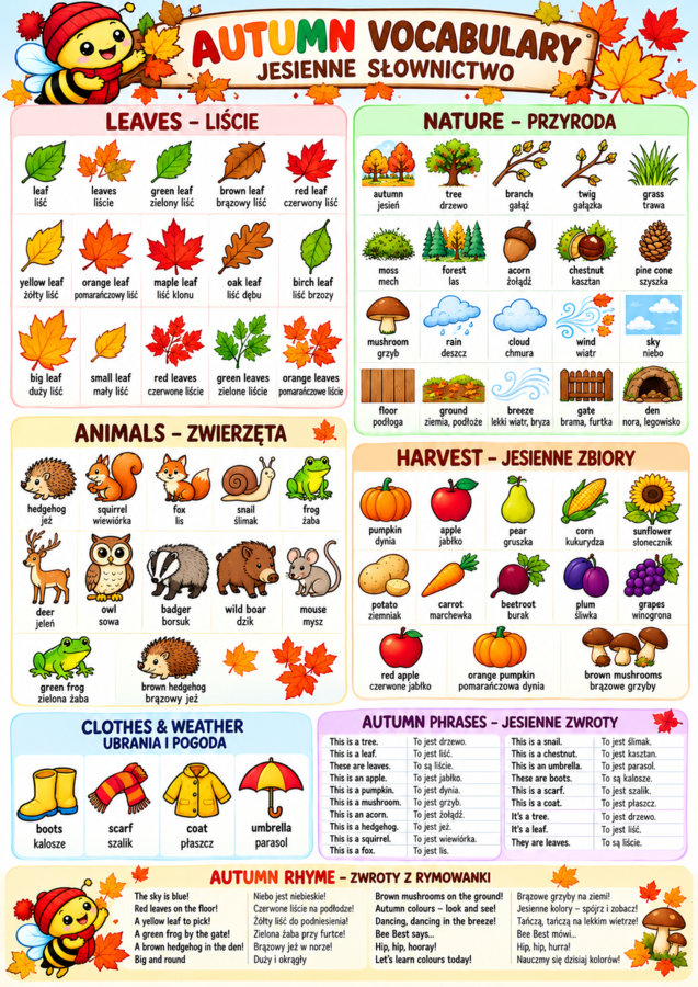 AUTUMN ACTIVITY PACK – Jesienny pakiet edukacyjny Bee Best - spinning Wheels,  wylicznka, naklejki - pacynki, zakładki, printouts