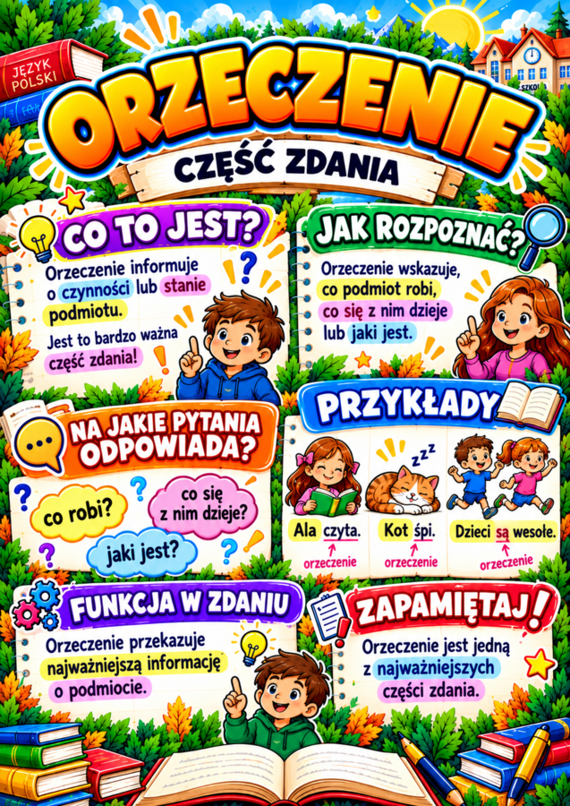 CZĘŚCI ZDANIA – 10 kolorowych plansz edukacyjnych A4 | podmiot, orzeczenie, dopełnienie, przydawka, okolicznik
