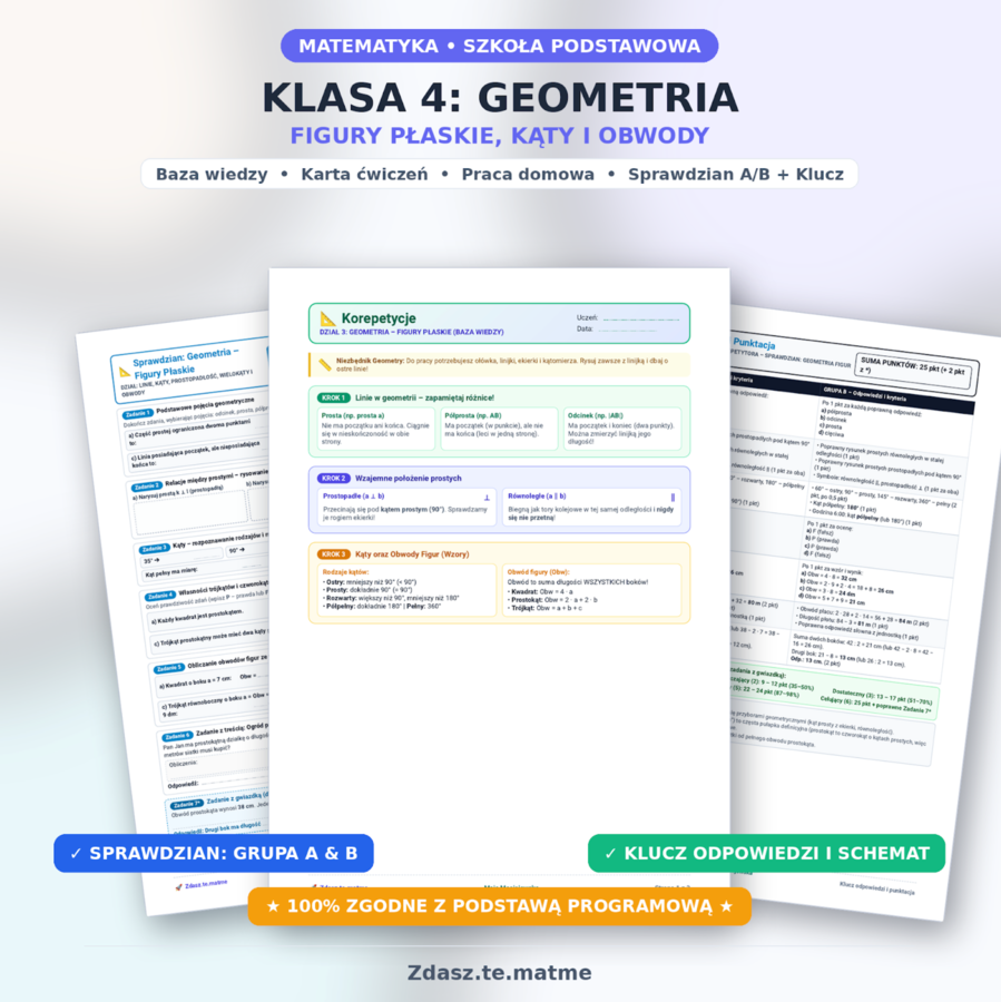 Klasa 4 Matematyka | Dział 3: Geometria i figury płaskie | Teoria + Zadania + Sprawdziany z kluczem