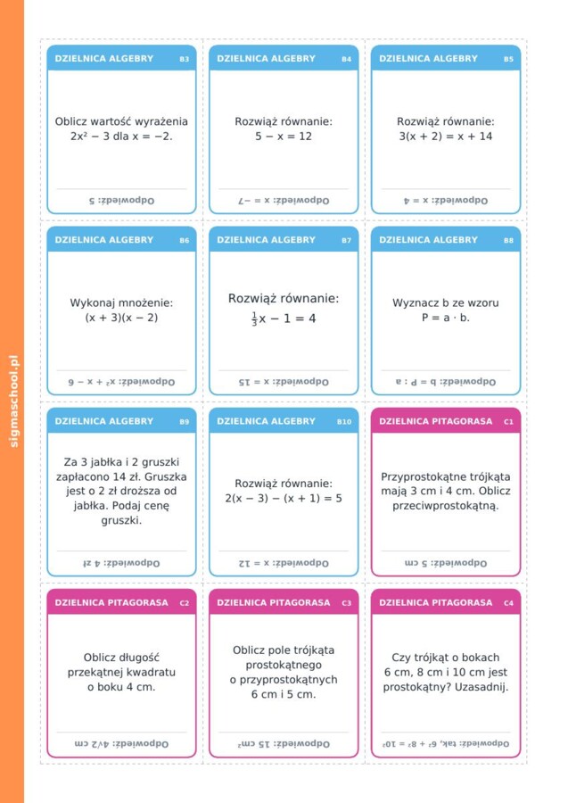 Matematyczne Miasto — klasa 8 | Gra planszowa do druku, 72 karty