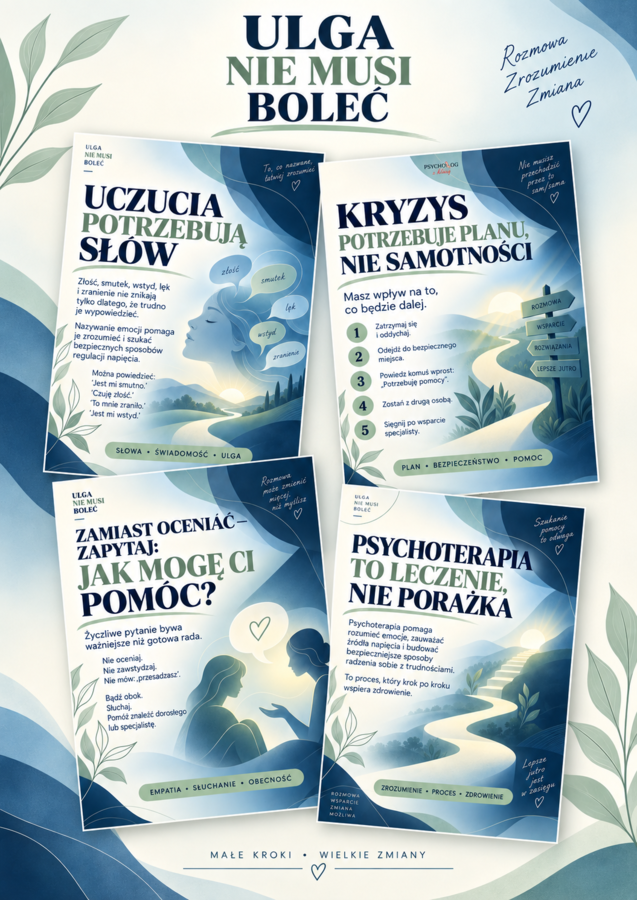 Ulga nie musi boleć-o samookaleczeniach, kryzysie, plakaty, gazetka