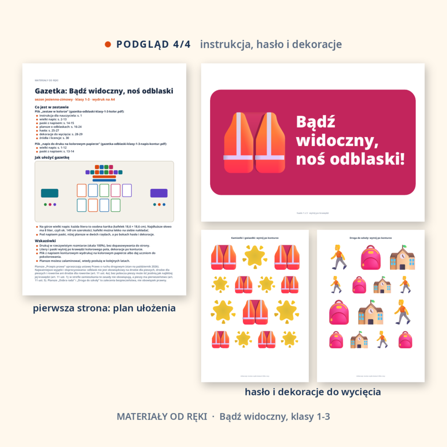 Gazetka Bądź widoczny, noś odblaski: napis, 9 plansz o odblaskach, przepisach dla pieszych i bezpiecznej drodze do szkoły, hasła i dekoracje, klasy 1-3