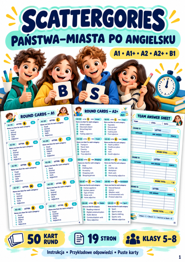 GRA Scattergories – Państwa–Miasta po angielsku | 50 rund | A1–B1 | klasy 5–8