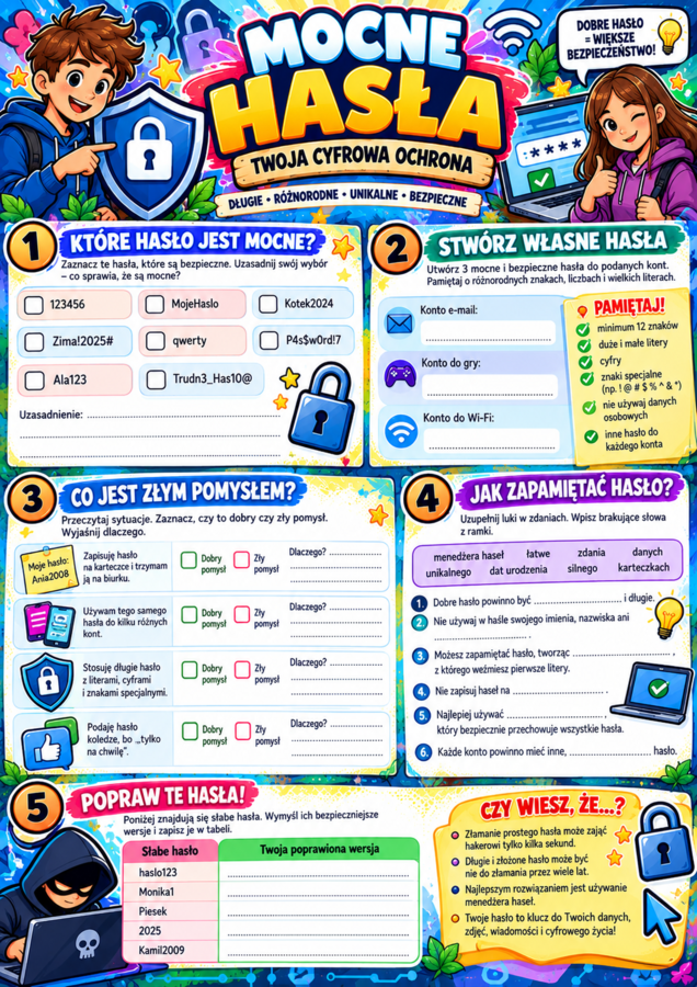 BEZPIECZNI W SIECI – 8 kolorowych kart pracy o cyberbezpieczeństwie | klasy 4–8