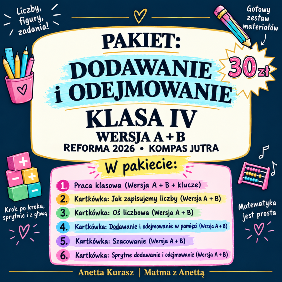 Pakiet z działu "Dodawanie i odejmowanie" dla klasy IV. Praca klasowa + 5 kartkówek + klucz odpowiedzi