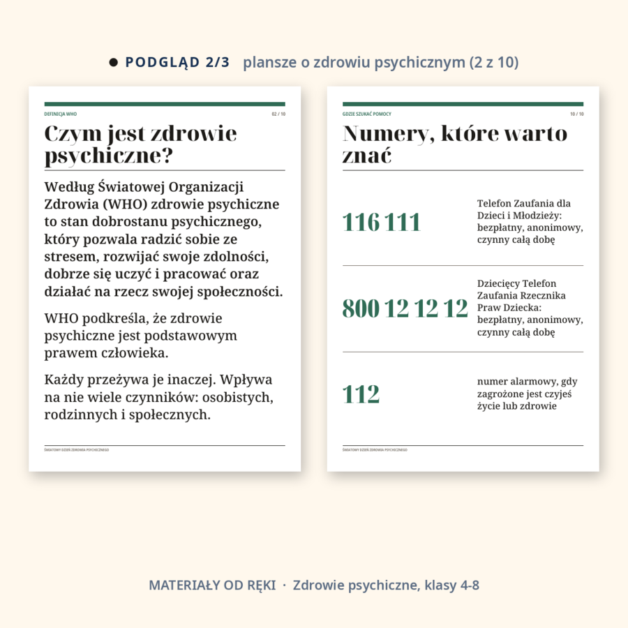 Gazetka na Światowy Dzień Zdrowia Psychicznego 10 października: napis, 10 plansz o emocjach, stresie i szukaniu wsparcia, klasy 4-8