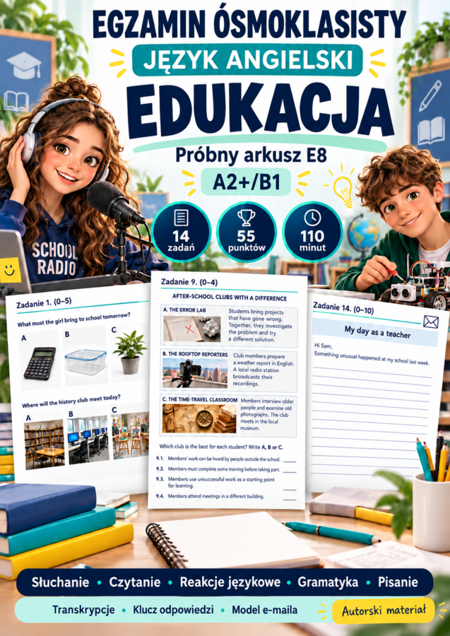 Edukacja — egzamin próbny arkusz E8 z angielskiego A2+/B1 | 14 zadań, transkrypcje i klucz