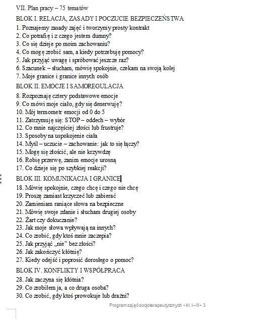 Program zajęć socjoterapeutycznych – klasy I–III. Rewalidacja.