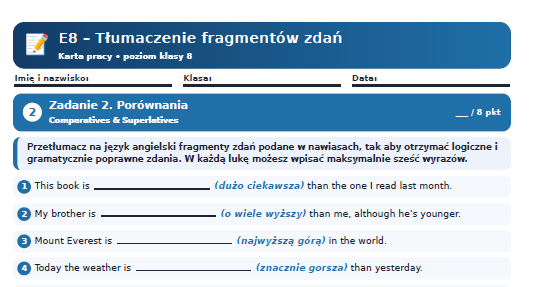 E8- tłumaczenia fragmentów zdań
