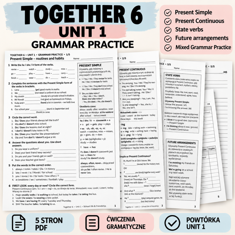 Together 6 – Unit 1 Grammar Practice | Present Simple & Present Continuous | klasa 6