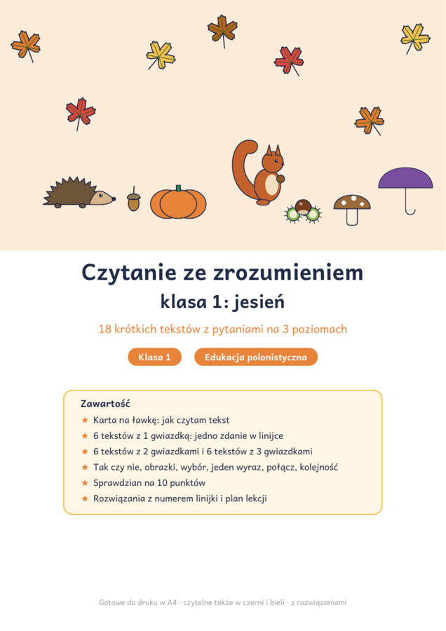 Czytanie ze zrozumieniem klasa 1: jesień – 18 tekstów