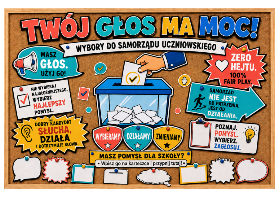 TWÓJ GŁOS MA MOC! – wybory do Samorządu Uczniowskiego | wielkoformatowa gazetka szkolna + element interaktywny | 36 stron PDF