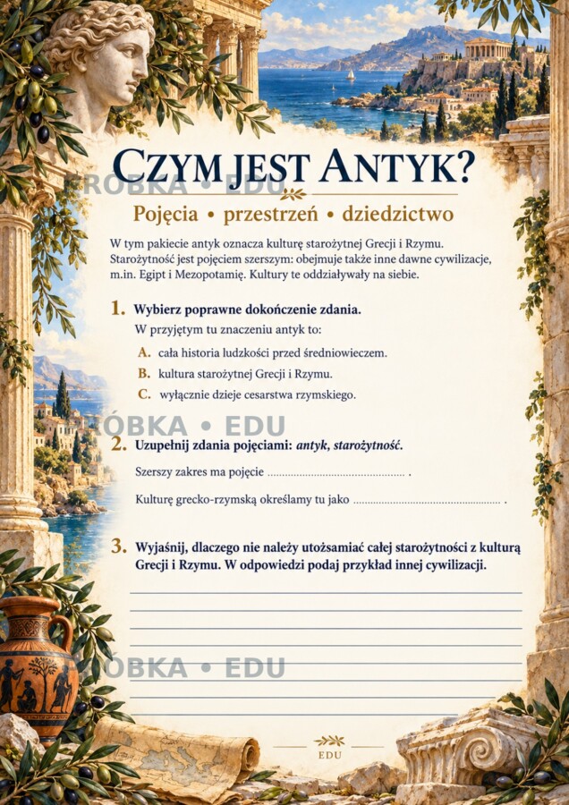 ANTYK — epoka literacka | LO | 22 karty dwustronne, 132 zadania, sprawdzian i klucze