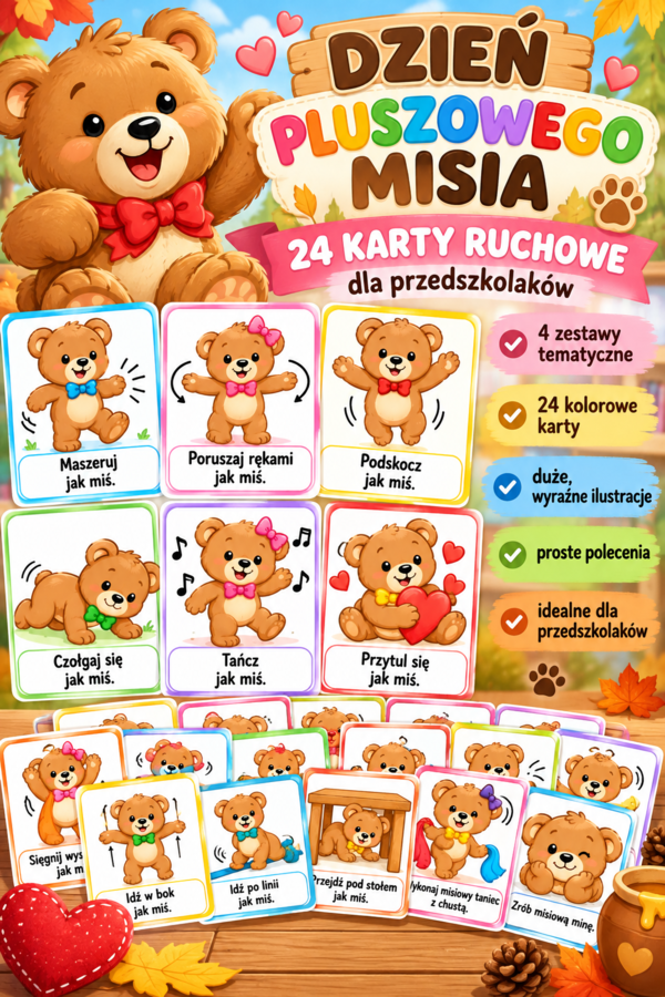 DZIEŃ PLUSZOWEGO MISIA  - 24 KARTY RUCHOWE DLA PRZEDSZKOLAKÓW