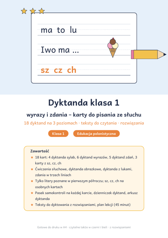 Dyktanda klasa 1: wyrazy i zdania – karty do pisania ze słuchu