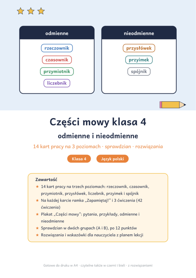 Części mowy klasa 4: odmienne i nieodmienne – karty pracy