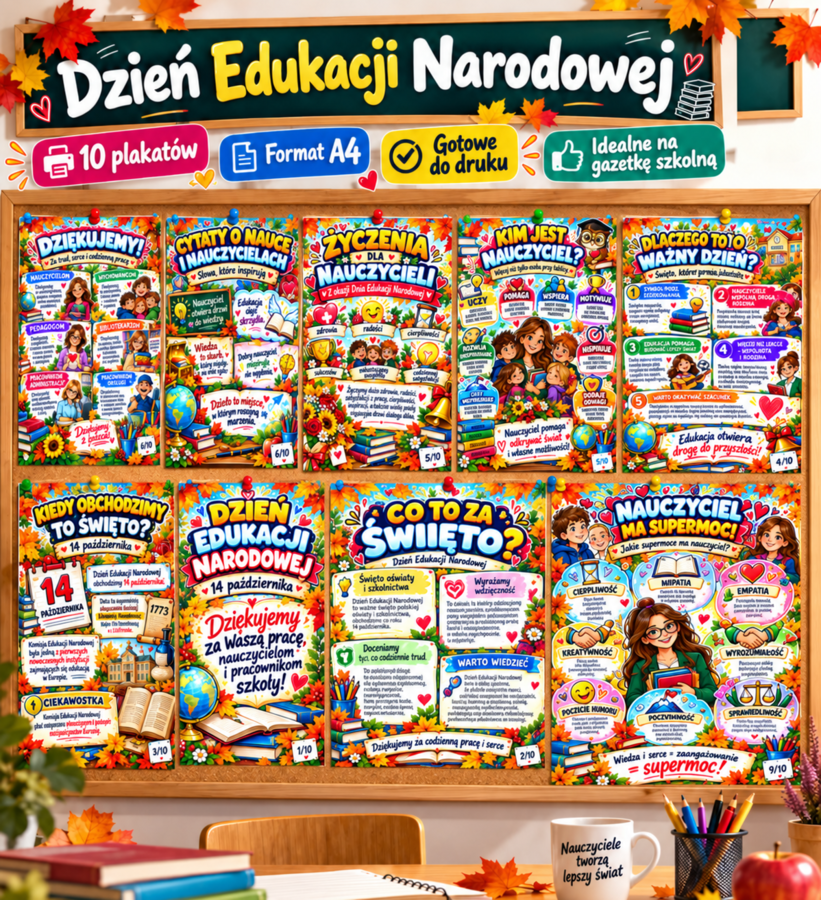 DZIEŃ EDUKACJI NARODOWEJ – 10 kolorowych plakatów A4 | gazetka szkolna, dekoracja klasy i korytarza