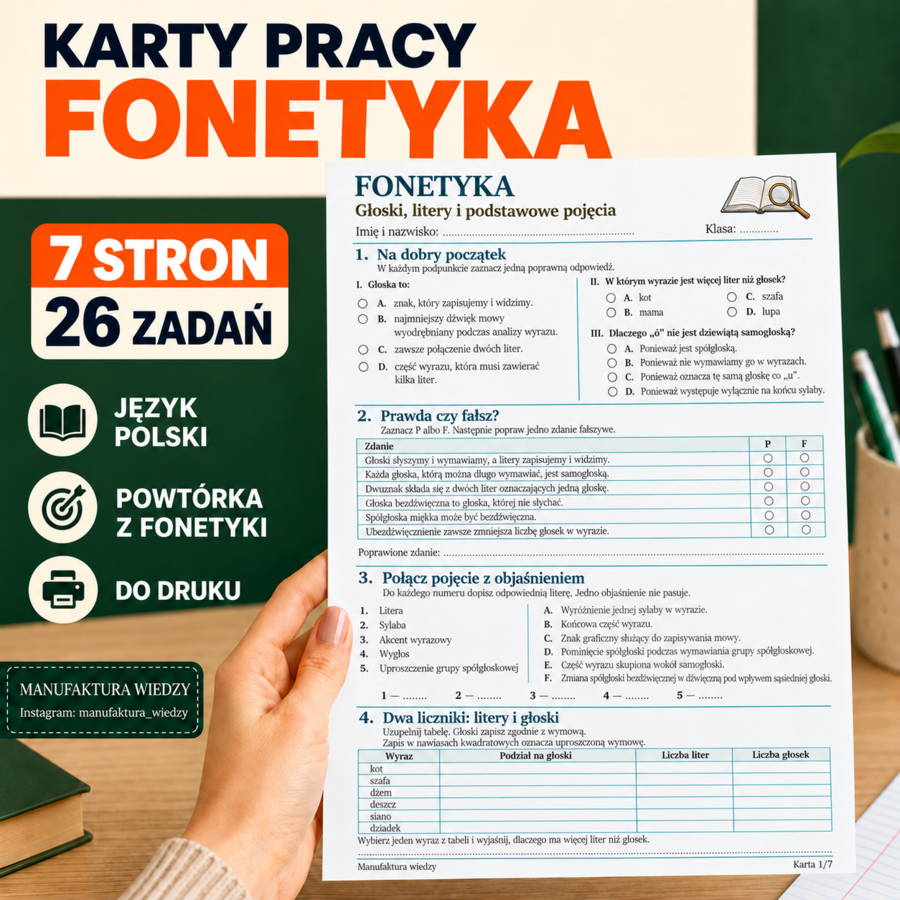 Fonetyka bez pułapek – klasy 7–8. Karty pracy: 26 zadań z kluczem odpowiedzi | fonetyka karty pracy