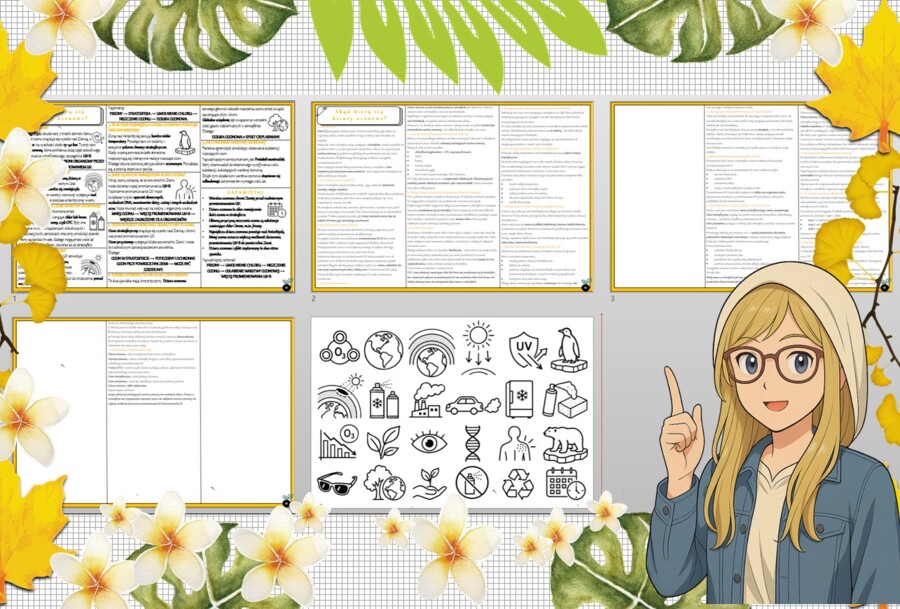 Sketchnotka/notatka - dla ucznia i przypomnienie dla nauczyciela w pdf. Temat "Skąd biorą się dziury ozonowe?". Edukacja zdrowotna. Klasa 5.