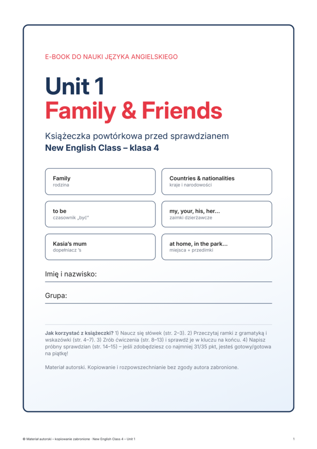 New English Class 4 – Unit 1 Family & Friends | klasa 4 | e-book 16 stron + klucz
