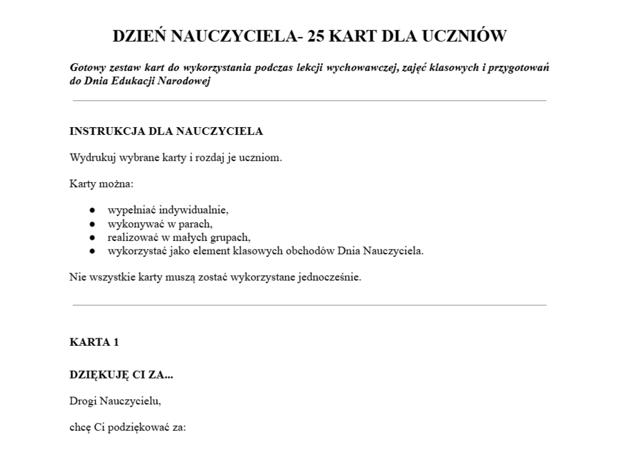 Dzień nauczyciela- 25 kart dla uczniów