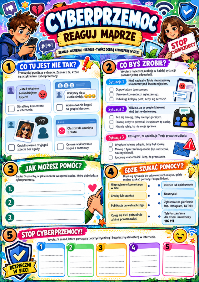 CYBERPRZEMOC – REAGUJ MĄDRZE! | 4 kolorowe karty pracy dla klas 4–8