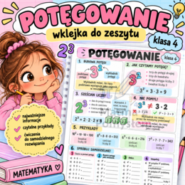 Potęgowanie – wklejka do zeszytu | klasa 4 | podstawa, wykładnik, kwadrat i sześcian