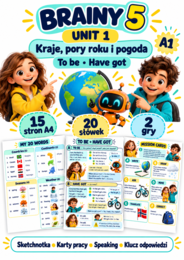 Brainy 5 Unit 1 — kraje, pogoda, to be i have got | 15 stron, sketchnotka i 2 gry | A1