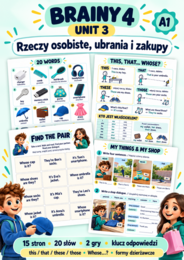 Brainy 4 Unit 3 — rzeczy osobiste, ubrania i zakupy | 15 stron, gramatyka i 2 gry