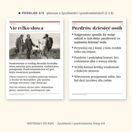 Gazetka na Światowy Dzień Życzliwości i Pozdrowień 21 listopada: napis, 8 plansz o życzliwości, hasła i karty ze zwrotami, klasy 4-8