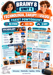 Brainy 8 Unit 1 – Technologia, zakupy i usługi | Powtórka A2+/B1 | 15 stron i 2 gry