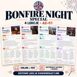 BONFIRE NIGHT SPECIAL 🔥 4 gotowe lekcje angielskiego A2–C1 | Online + PDF