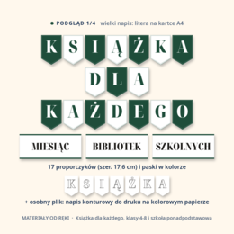 Gazetka Miesiąc Bibliotek Szkolnych - Książka dla każdego: napis, 10 plansz o czytaniu, bibliotece i sprawdzaniu informacji, hasła i karty, klasy 4-8 i szkoła ponadpodstawowa