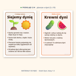 Gazetka Dzień Dyni: napis, 10 plansz o tym, jak rośnie dynia, jej krewnych, odmianach i dyni w kuchni, hasła i dekoracje, klasy 1-3